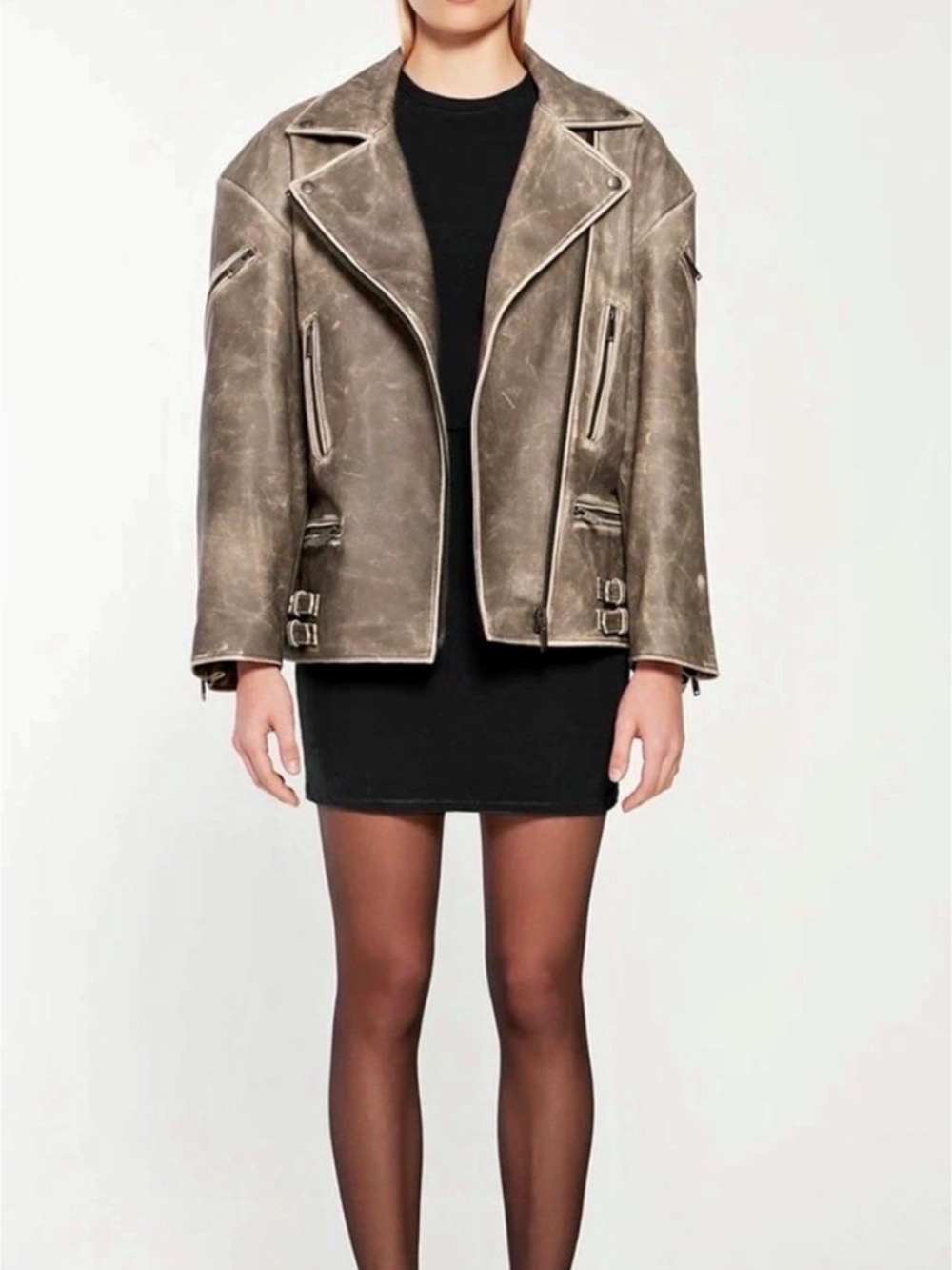 Ducie Samantha Distressed Leather Biker Jacket greyish brown wash small